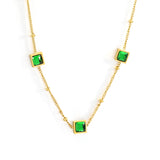 3 square white & red & lake blue & green diamond pendant bead chain necklace 39+5cm gold color