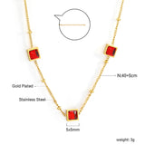 3 square white & red & lake blue & green diamond pendant bead chain necklace 39+5cm gold color