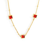 3 square white & red & lake blue & green diamond pendant bead chain necklace 39+5cm gold color