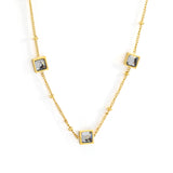 3 square white & red & lake blue & green diamond pendant bead chain necklace 39+5cm gold color