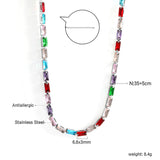 Rectangle White & Purple & Aquamarine & Mixed Color Diamond Clasp Necklace 35+5cm Steel Color