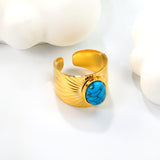 Height 14.2mm Round turquoise stone on bezel opening ring Gold color