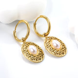 2*12mm I.D. earrings + 15.3*18.7mm oval pattern face band imitation white pearl/pinkstone/tiger's eye stone accessories Earrings Gold color