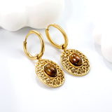 2*12mm I.D. earrings + 15.3*18.7mm oval pattern face band imitation white pearl/pinkstone/tiger's eye stone accessories Earrings Gold color