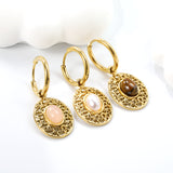 2*12mm I.D. earrings + 15.3*18.7mm oval pattern face band imitation white pearl/pinkstone/tiger's eye stone accessories Earrings Gold color