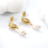 7.5*10mm Coffee Bean+6*8mm Freshwater Pearl Earrings Gold Color