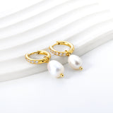 2.5x14mm circle with 6 white diamonds + oval white pearl stud earrings 8.3*13mm gold color