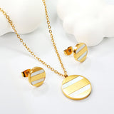 Round Sticky White Shell Set Steel/Gold Earrings:12mm Pendant:18mm 04Cross45+5cm+6mm Round Plate