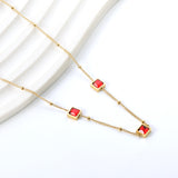 3 square white & red & lake blue & green diamond pendant bead chain necklace 39+5cm gold color