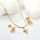 Cross stick imitation white pearl accessories set Gold color Width 1mm S chain 40+5+6mm round plate Pendant: 8.4*11mm Earrings: 8.4*11mm