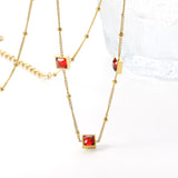 3 square white & red & lake blue & green diamond pendant bead chain necklace 39+5cm gold color