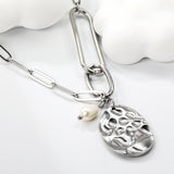 18.8*24.8mm Oval Plaque + 5.3*8mm Freshwater Pearl Pendant 45+5cm+6mm Round Plaque Necklace Steel/Golden