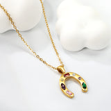 16.8*19mm Horseshoe with Mixed Color Zirconium Pendant 40+5cm+6mm Round Necklace Steel/Golden