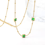 3 square white & red & lake blue & green diamond pendant bead chain necklace 39+5cm gold color