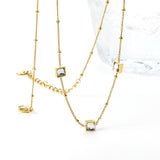 3 square white & red & lake blue & green diamond pendant bead chain necklace 39+5cm gold color