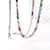 Rectangle White & Purple & Aquamarine & Mixed Color Diamond Clasp Necklace 35+5cm Steel Color