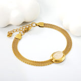 14*17mm oval with white cat's eye/tiger's eye stone fittings Thick 1*Wide 6mm mesh chain 18+3cm+6mm round plaque Bracelet Gold color