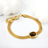 14*17mm oval with white cat's eye/tiger's eye stone fittings Thick 1*Wide 6mm mesh chain 18+3cm+6mm round plaque Bracelet Gold color