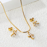 Cross stick imitation white pearl accessories set Gold color Width 1mm S chain 40+5+6mm round plate Pendant: 8.4*11mm Earrings: 8.4*11mm