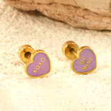 Screw plug 0.8*8mm pin 7*6.3mm heart with purple oil drop earrings gold color