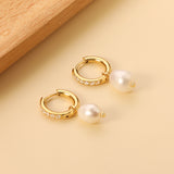 2.5x14mm circle with 6 white diamonds + oval white pearl stud earrings 8.3*13mm gold color