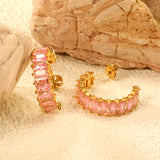 C-Shape with Two Grips Rectangle White/Purple/Green/Orange/Mixed/Pink Zirconium Earrings 6.8*21mm Steel Color/Golden Color