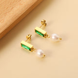 5.5*12mm rectangle with green diamonds + oval white pearl earrings 7.4*11.4mm