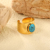 Height 14.2mm Round turquoise stone on bezel opening ring Gold color