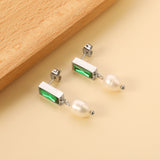 5.5*12mm rectangle with green diamonds + oval white pearl earrings 7.4*11.4mm