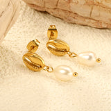 7.5*10mm Coffee Bean+6*8mm Freshwater Pearl Earrings Gold Color