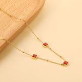 3 square white & red & lake blue & green diamond pendant bead chain necklace 39+5cm gold color