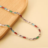 Rectangle White & Purple & Aquamarine & Mixed Color Diamond Clasp Necklace 35+5cm Steel Color