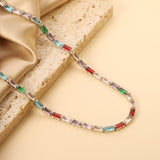 Rectangle White & Purple & Aquamarine & Mixed Color Diamond Clasp Necklace 35+5cm Steel Color