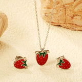 ¡°Strawberry with red oil drip accessories Set Steel color/golden 0.3 cross 40+5+6mm round plate Pendant: 10.7*13.5mm Earrings: 9*10mm