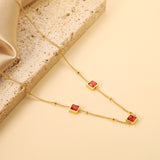 3 square white & red & lake blue & green diamond pendant bead chain necklace 39+5cm gold color