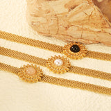 15mm round with imitation white pearl/pink crystal/tiger's eye accessories Thick 1*Width 6mm mesh chain 18+3cm+6mm round plaque Bracelet gold color