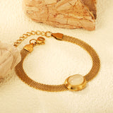 14*17mm oval with white cat's eye/tiger's eye stone fittings Thick 1*Wide 6mm mesh chain 18+3cm+6mm round plaque Bracelet Gold color