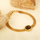 14*17mm oval with white cat's eye/tiger's eye stone fittings Thick 1*Wide 6mm mesh chain 18+3cm+6mm round plaque Bracelet Gold color