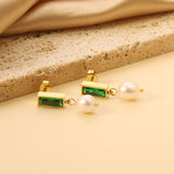 5.5*12mm rectangle with green diamonds + oval white pearl earrings 7.4*11.4mm