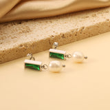 5.5*12mm rectangle with green diamonds + oval white pearl earrings 7.4*11.4mm