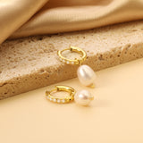 2.5x14mm circle with 6 white diamonds + oval white pearl stud earrings 8.3*13mm gold color