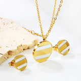 Round Sticky White Shell Set Steel/Gold Earrings:12mm Pendant:18mm 04Cross45+5cm+6mm Round Plate