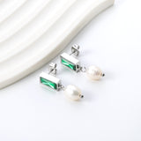 5.5*12mm rectangle with green diamonds + oval white pearl earrings 7.4*11.4mm