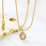 8.5*11mm teardrop CNC white zirconium circle pendant 40+5cm+6mm round plate necklace gold color