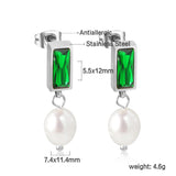 5.5*12mm rectangle with green diamonds + oval white pearl earrings 7.4*11.4mm