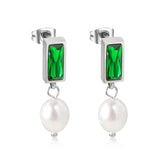 5.5*12mm rectangle with green diamonds + oval white pearl earrings 7.4*11.4mm