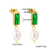 5.5*12mm rectangle with green diamonds + oval white pearl earrings 7.4*11.4mm