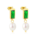 5.5*12mm rectangle with green diamonds + oval white pearl earrings 7.4*11.4mm