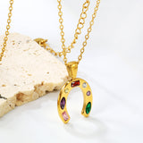 16.8*19mm Horseshoe with Mixed Color Zirconium Pendant 40+5cm+6mm Round Necklace Steel/Golden