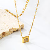 7.7*6mm convex rectangle CNC white zirconium pendant 0.3 cross chain 40+5cm+6mm round plaque necklace gold color